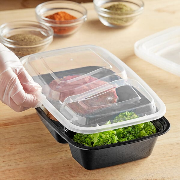 30 oz. Black 8 3/4" x 6" x 2 3/4" 2-Compartment Rectangular Microwavable Heavy Weight Container with Lid