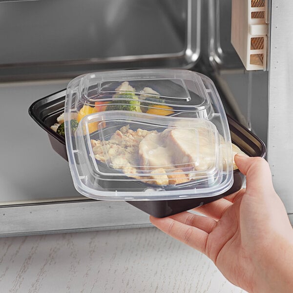 30 oz. Black 8 3/4" x 6" x 2 3/4" 2-Compartment Rectangular Microwavable Heavy Weight Container with Lid