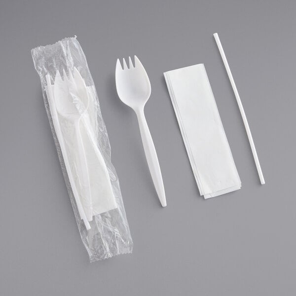 White Wrapped Plastic Spork, Straw, and Napkin Kit