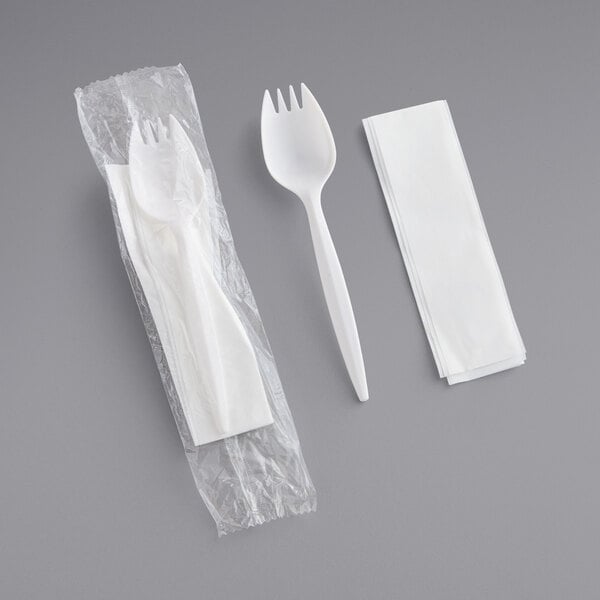 Medium Weight White Wrapped Plastic Spork and Napkin Kit