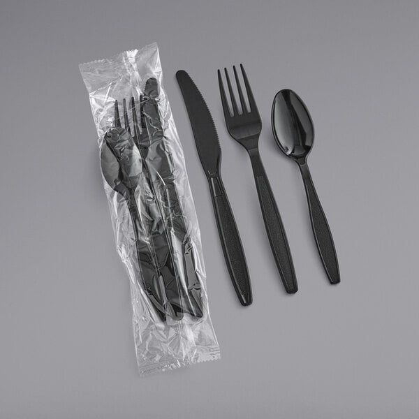 Wrapped Black Heavy Weight Plastic Cutlery Pack with Knife, Fork, and Spoon