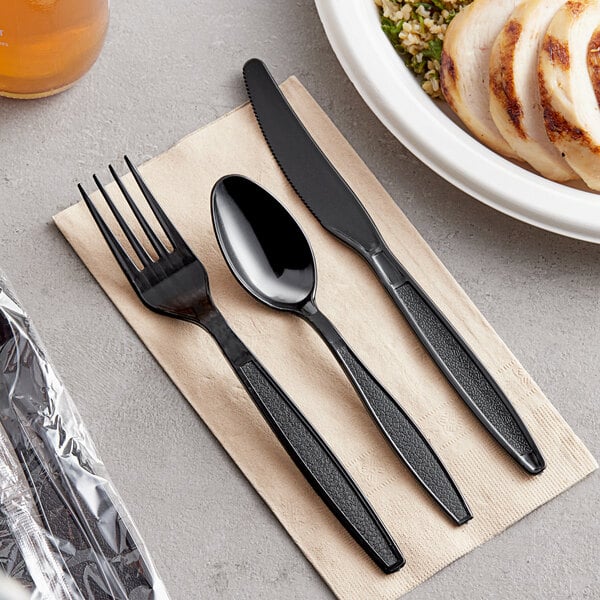 Wrapped Black Heavy Weight Plastic Cutlery Pack with Knife, Fork, and Spoon