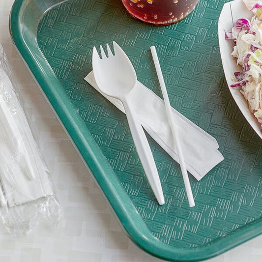 White Wrapped Plastic Spork, Straw, and Napkin Kit