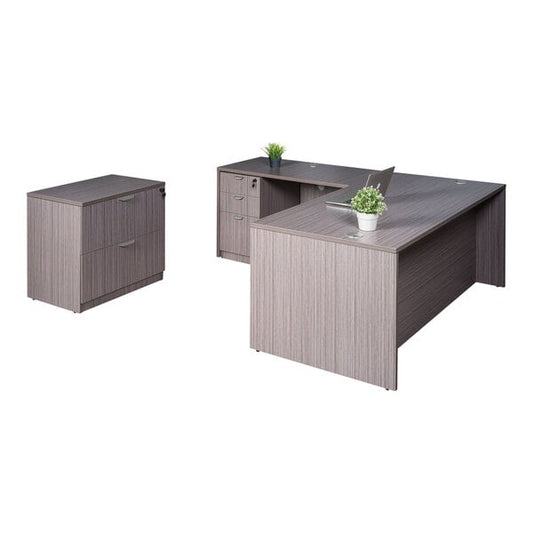 66" Driftwood Laminate Desk Module with Return, Lateral Storage, and Storage Pedestal