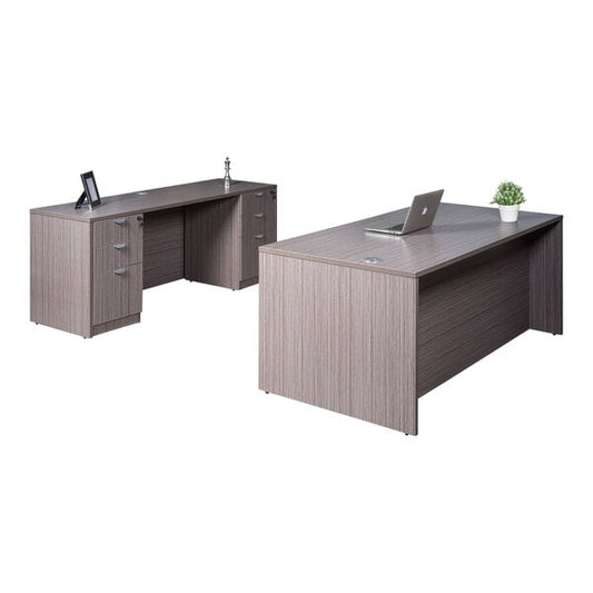 66" Driftwood Laminate Desk Module with Credenza and Dual Storage Pedestals