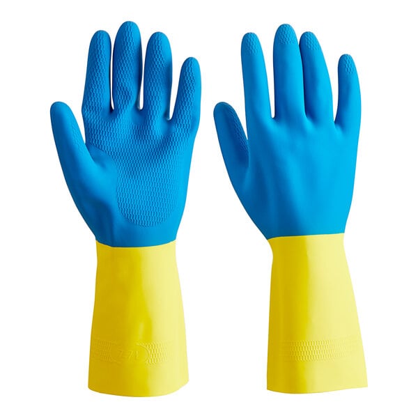 12" Blue / Yellow 28 Mil Neoprene / Latex Gloves with Flock Lining - 12/Pack