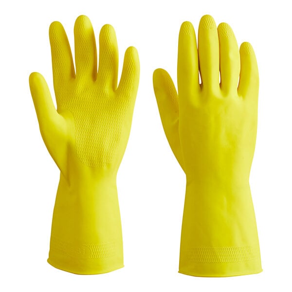 13" Yellow 15 Mil Latex Rubber Gloves with Flock Lining -12/Pack