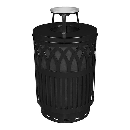 40 Gallon Black Steel Round Outdoor Decorative Waste Receptacle with Ash Top Lid