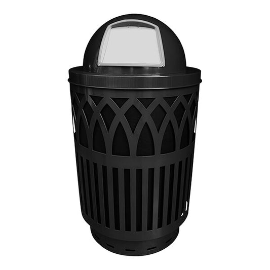 40 Gallon Black Steel Round Outdoor Decorative Waste Receptacle with Push Door Dome Top Lid