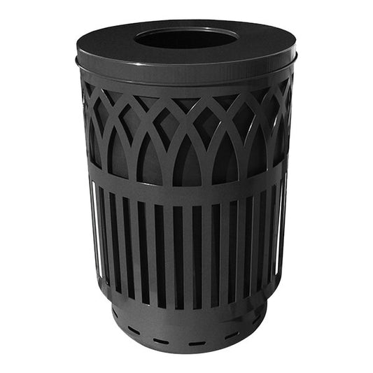 40 Gallon Black Steel Round Outdoor Decorative Waste Receptacle with Flat Top Lid