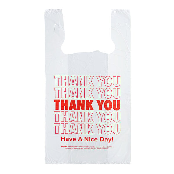 White "Thank You" Standard-Duty Plastic T-Shirt Bag - 1/6 Size