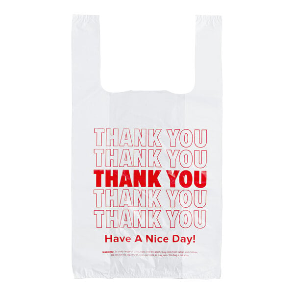 1/8 Size .51 Mil White "Thank You" Standard-Duty Plastic T-Shirt Bag