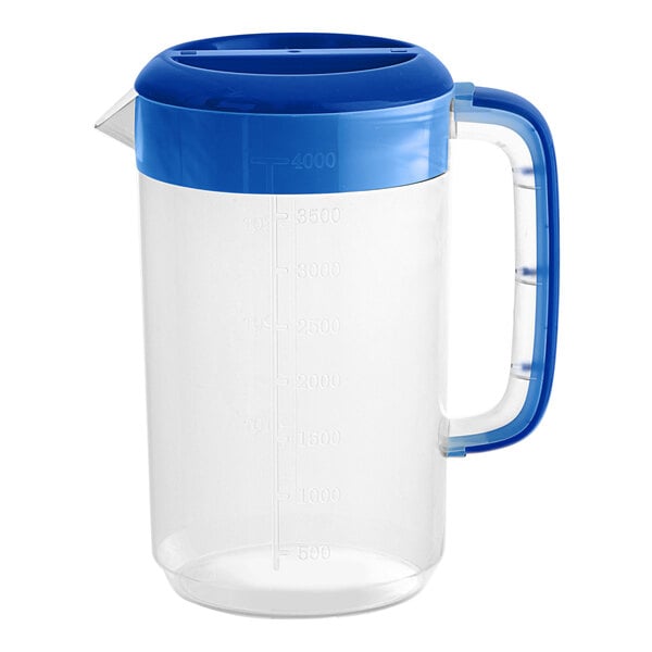 128 oz. Polypropylene Beverage Pitcher with Blue Lid and Handle