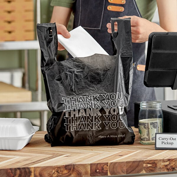 1/6 Size .51 Mil Black "Thank You" Standard-Duty Plastic T-Shirt Bag