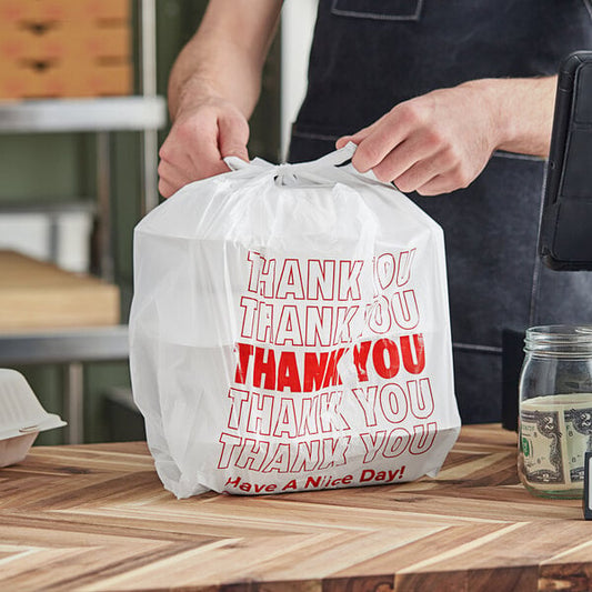 1/8 Size .51 Mil White "Thank You" Standard-Duty Plastic T-Shirt Bag