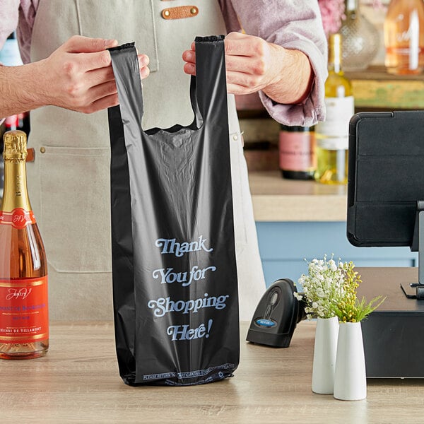 6" x 4" x 20" .98 Mil Black Thank You Extra Heavy-Duty Liquor Bag