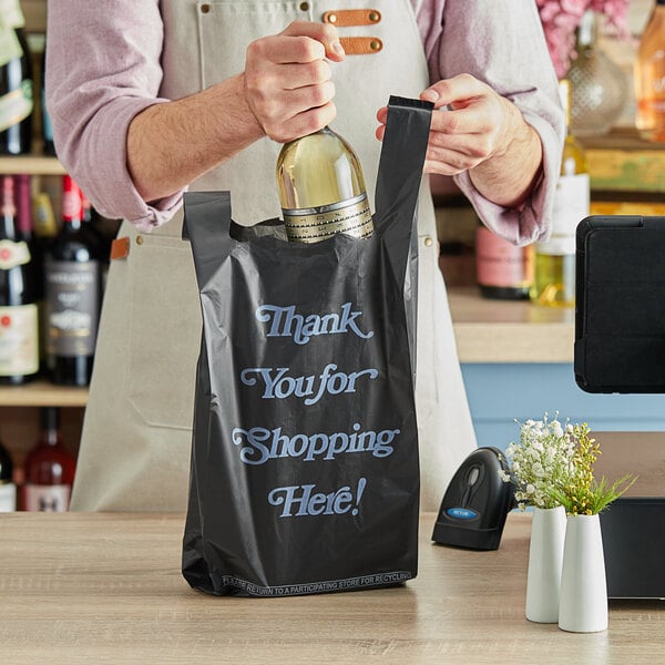 .98 Mil Black Italic Thank You Extra Heavy-Duty Plastic Liquor Bag