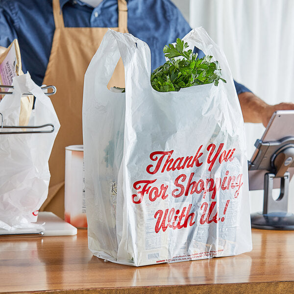 1/5 Size .67 Mil White "Thank You" Medium-Duty Plastic T-Shirt Bag