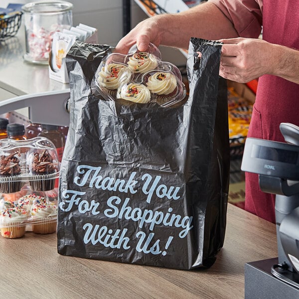 13" x 10" x 23" .83 Mil Black Thank You Heavy-Duty Plastic T-Shirt Bag