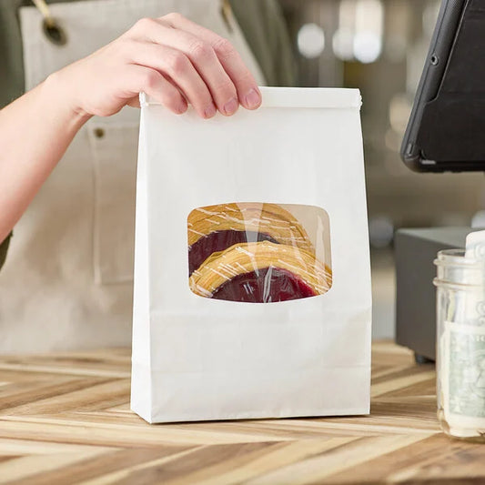 6" x 9 1/2" 1 lb. White Kraft Paper Cookie / Coffee / Donut Bag with Window and Tin Tie Closure