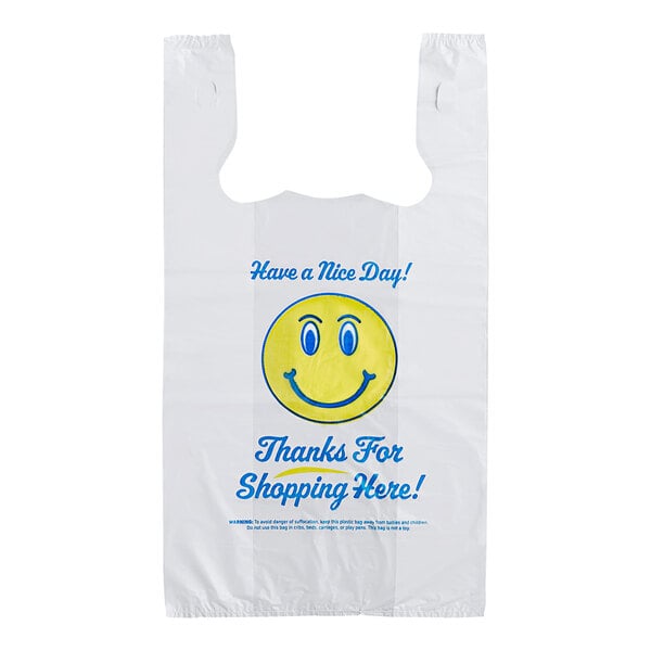 1/6 Size .71 Mil White Happy Face Heavy-Duty Plastic T-Shirt Bag