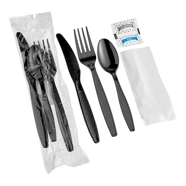 Heavy Weight Black Wrapped Plastic Cutlery Pack with Napkin and Salt and Pepper Packets