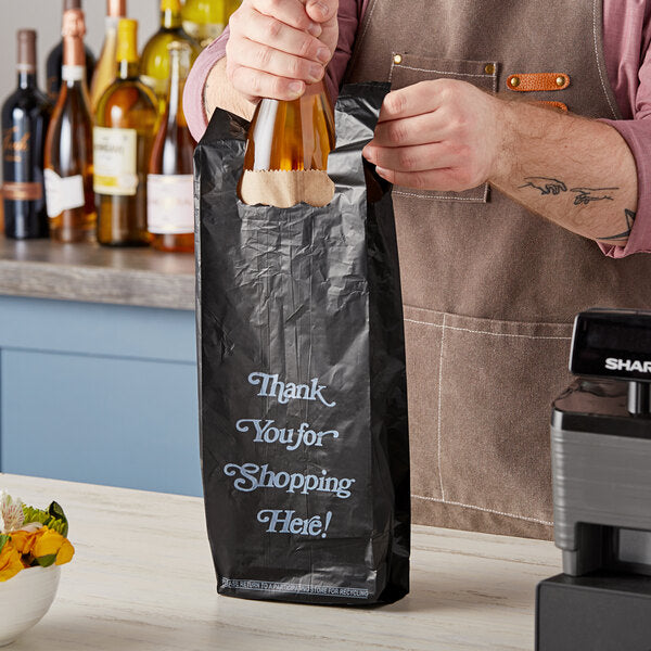 6" x 4" x 20" .98 Mil Black Thank You Extra Heavy-Duty Liquor Bag