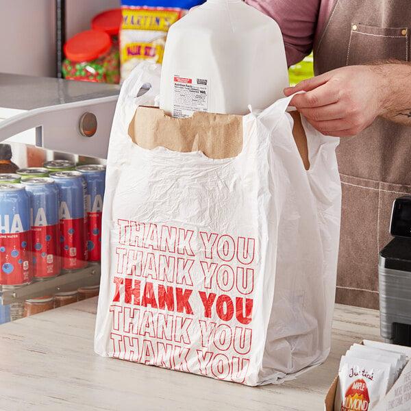 White "Thank You" Standard-Duty Plastic T-Shirt Bag - 1/6 Size