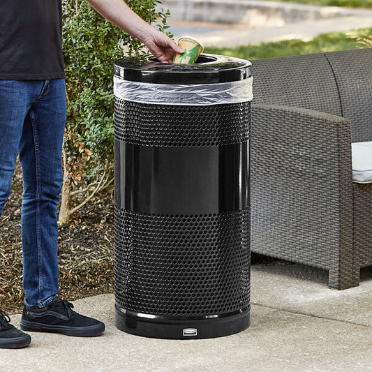 Classics Black Round Steel Drop Top Waste Receptacle with Levelers and Rigid Plastic Liner 25 Gallon