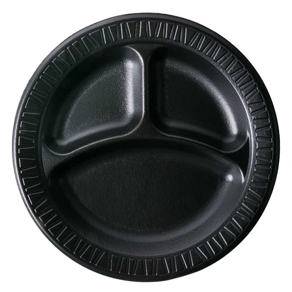 9" 3 Compartment Black Laminated Round Foam Plate