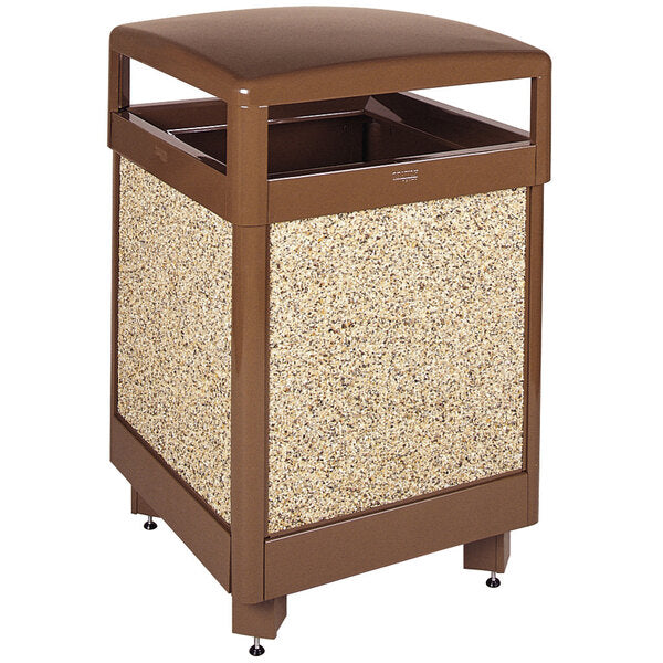 Top Brown with Desert Brown Stone Panels Square Steel Waste Receptacle with Rigid Plastic Liner 48 Gallon