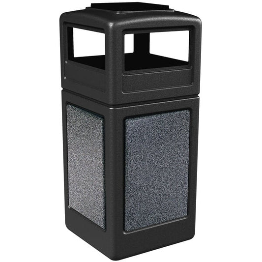 42 Gallon Black Square Decorative Waste Receptacle with Pepperstone Panels and Ashtray Dome Lid