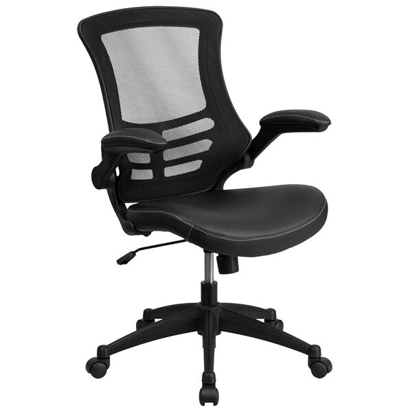 Mid-Back Black Mesh and Leather Office Chair with Flip-Up Arms and Nylon Base