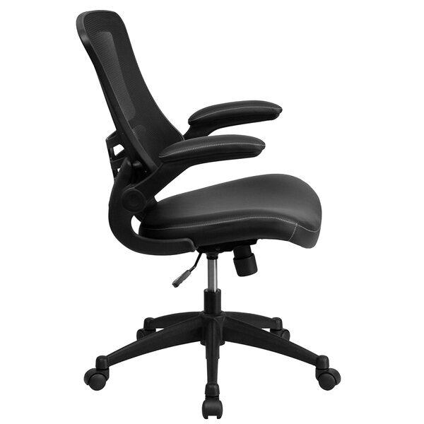 Mid-Back Black Mesh and Leather Office Chair with Flip-Up Arms and Nylon Base