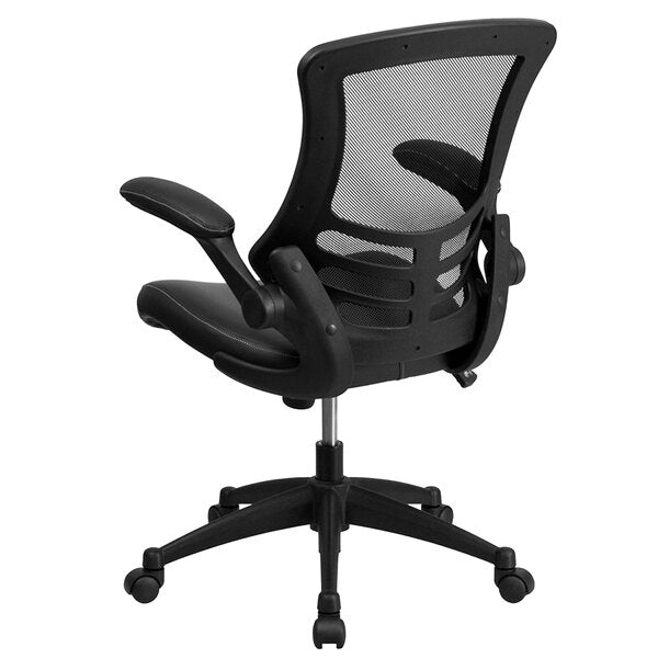 Mid-Back Black Mesh and Leather Office Chair with Flip-Up Arms and Nylon Base