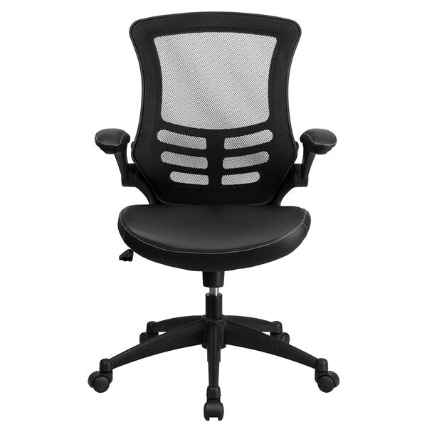 Mid-Back Black Mesh and Leather Office Chair with Flip-Up Arms and Nylon Base