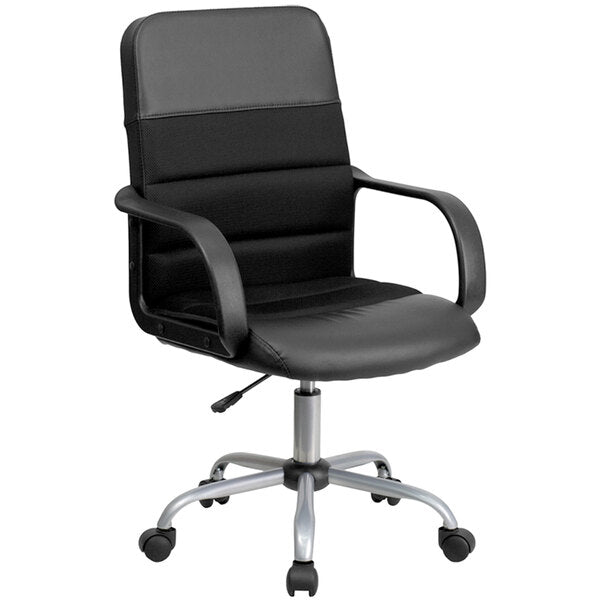 Mid-Back Black Mesh Office Chair with Leather Seat and Nylon Base