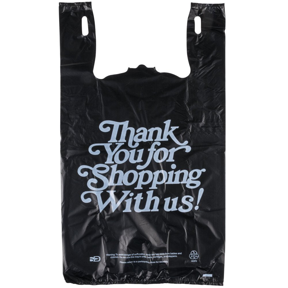 13" x 10" x 23" .83 Mil Black Thank You Heavy-Duty Plastic T-Shirt Bag