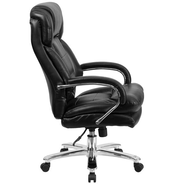 Black Leather Intensive-Use Multi-Shift Swivel Office Chair with Headrest and Loop Arms