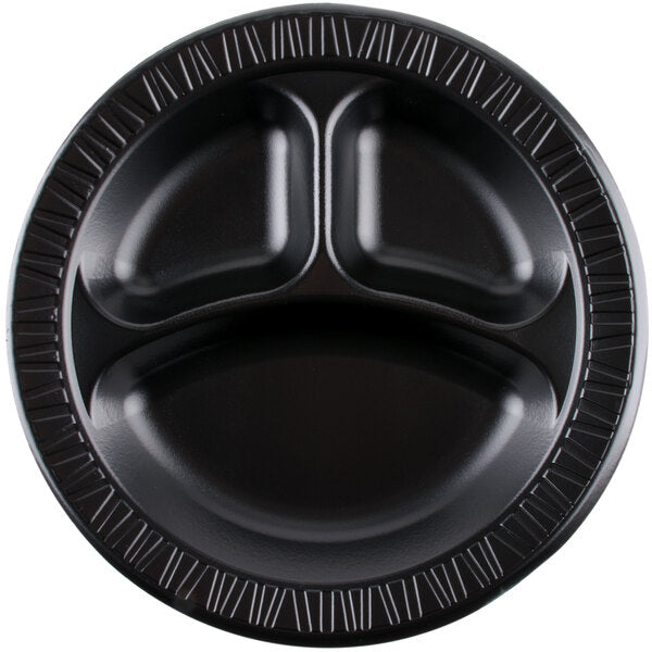 10 1/4" 3 Compartment Black Laminated Round Foam Plate