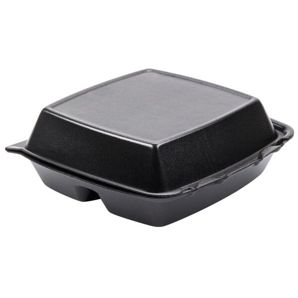 8" x 8" x 3" Black Foam Three-Compartment Square Take Out Container with Perforated Hinged Lid