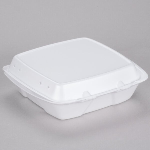 9" x 9" x 3" White Foam Square Vented Take Out Container with Perforated Hinged Lid