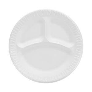 9" 3 Compartment White Non-Laminated Round Foam Plate