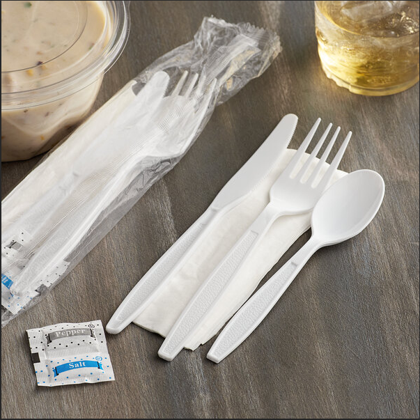 Individually Wrapped Heavy Weight White Plastic Cutlery Pack with Napkin and Salt and Pepper Packets