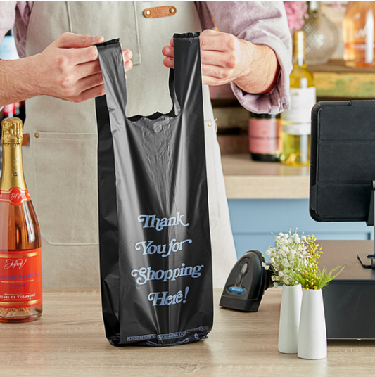 6" x 4" x 20" .98 Mil Black Thank You Extra Heavy-Duty Liquor Bag