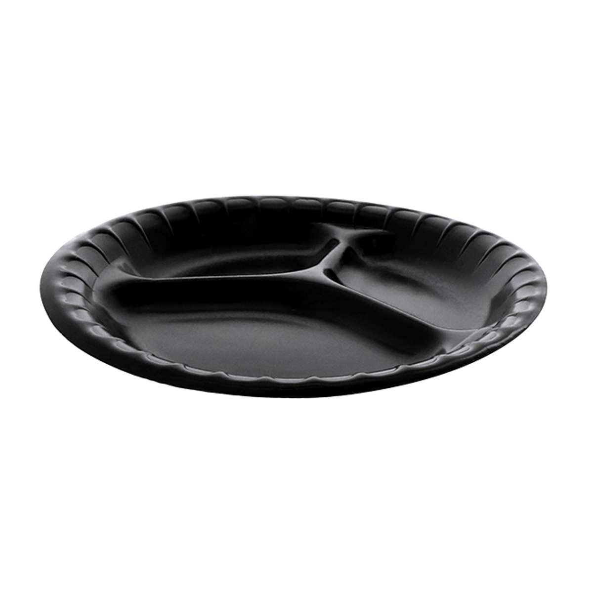 9" 3 Compartment Black Laminated Round Foam Plate