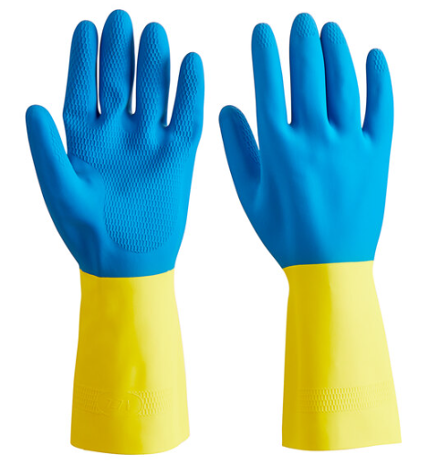 12" Blue / Yellow 28 Mil Neoprene / Latex Gloves with Flock Lining - 12/Pack