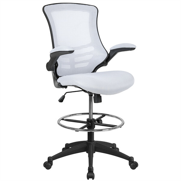 White Mesh Drafting Stool with Flip-Up Arms
