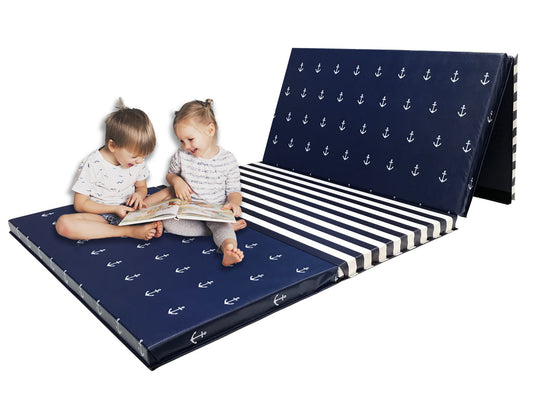 NAVY AND WHITE NAUTICAL 4' X 8' X 2" INTERMEDIATE LEVEL FOLDING GYMNASTICS MAT